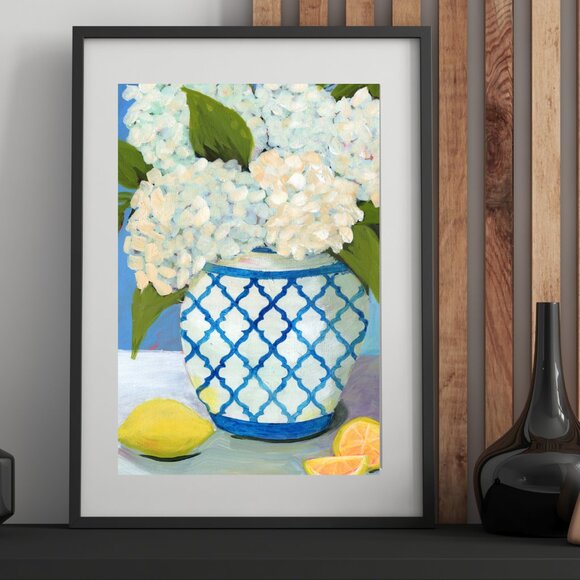 Farmhouse Style Hydrangea Painting White & Blue Vase Floral Decor Fashion Art - Picture 2 of 9